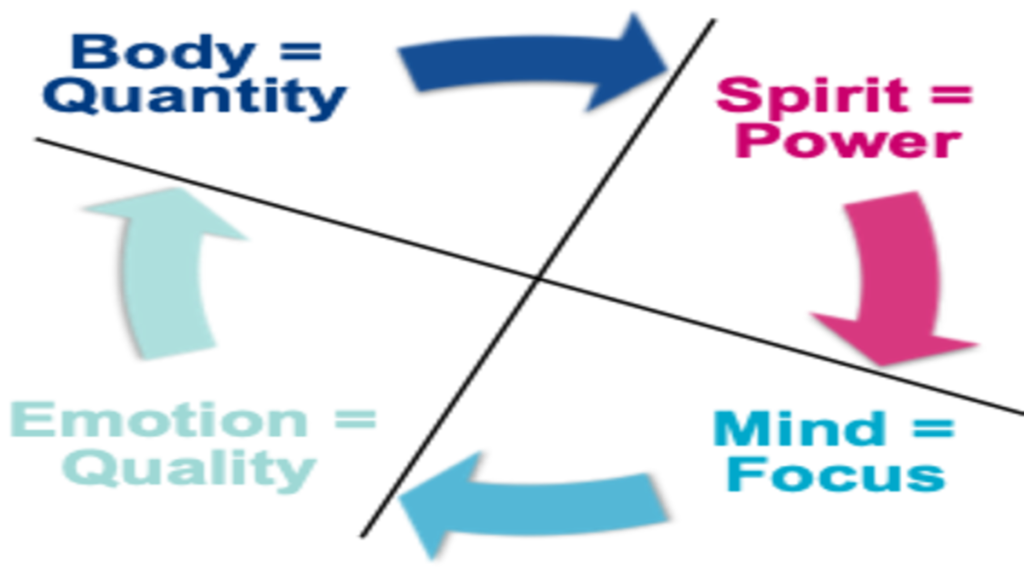 Use the four quadrants to transform your energy with the Welbee learning centre. Picture of the four quadrants - Body, Mind, Emotion and Spirit generating your energy quantity, focus, quality and power.