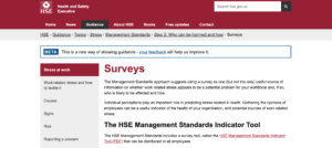 Staff wellbeing survey - running your own. Picture of the Health and Safety Executive website where you can find their indicator tool.