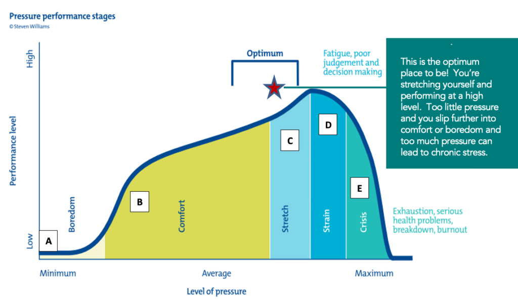 The difference between pressure and stress from the Welbee Learning Centre. A diagram of the pressure performance stages by Steven Williams.