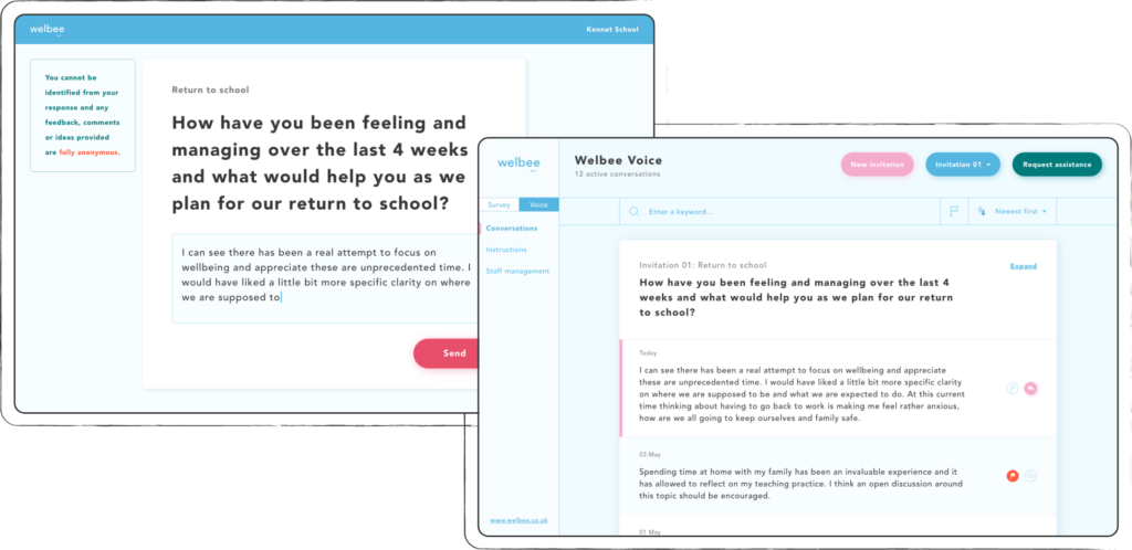 Give staff a bigger voice - and how you can support leaders to do it more effectively from the Welbee Learning Centre. A picture of a two way digital conversation using Welbee Voice on-line.